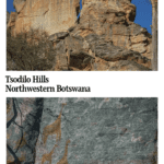 Text: Tsodilo Hills, Northwestern Botswana. Images: top, view of a rock face with two figures of antelopes on it; bottom, a close-up of figures of giraffes on a rock face.