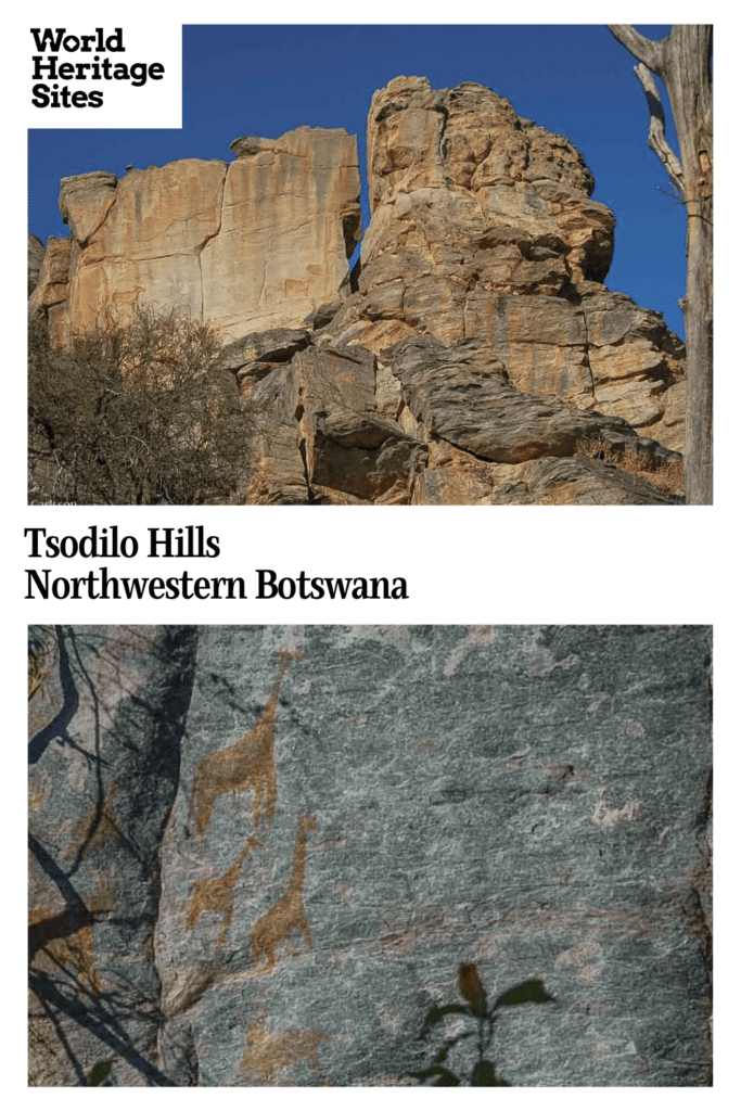 Text: Tsodilo Hills, Northwestern Botswana. Images: top, view of a rock face with two figures of antelopes on it; bottom, a close-up of figures of giraffes on a rock face.
