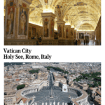 Text: Vatican City, Holy See, Rome, Italy. Images: above, a large hall, completely covered with images; below, a view of St. Peter's Plaza from above.