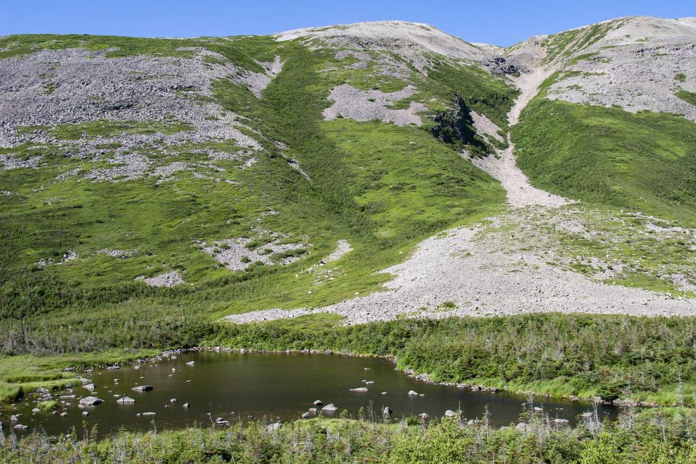 Foreground, a small pond, background hills, partly bare stone, partly green grass or moss.