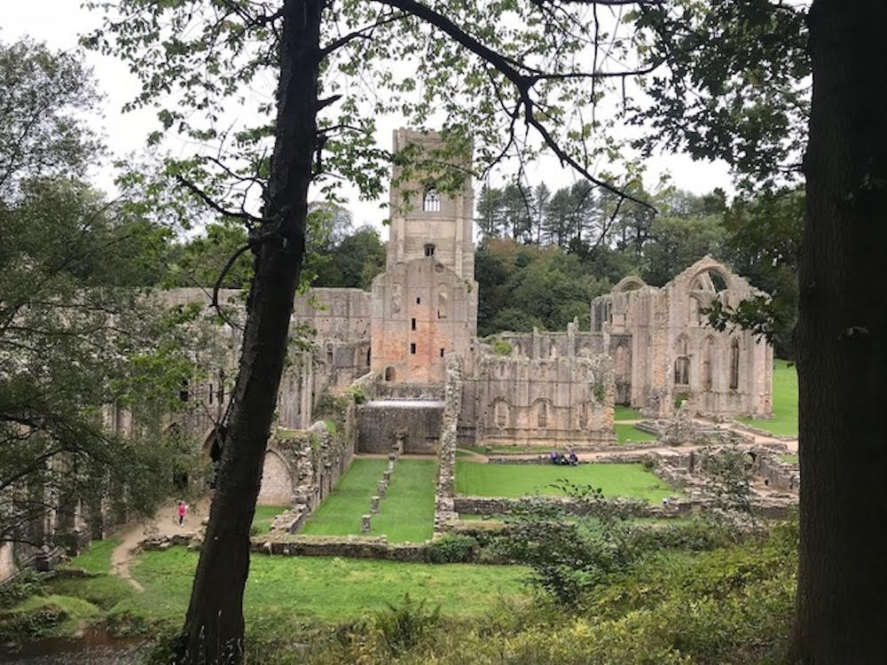 The ruins of Fountains Abbey: stone walls but no roofs. At Studley Royal Park.