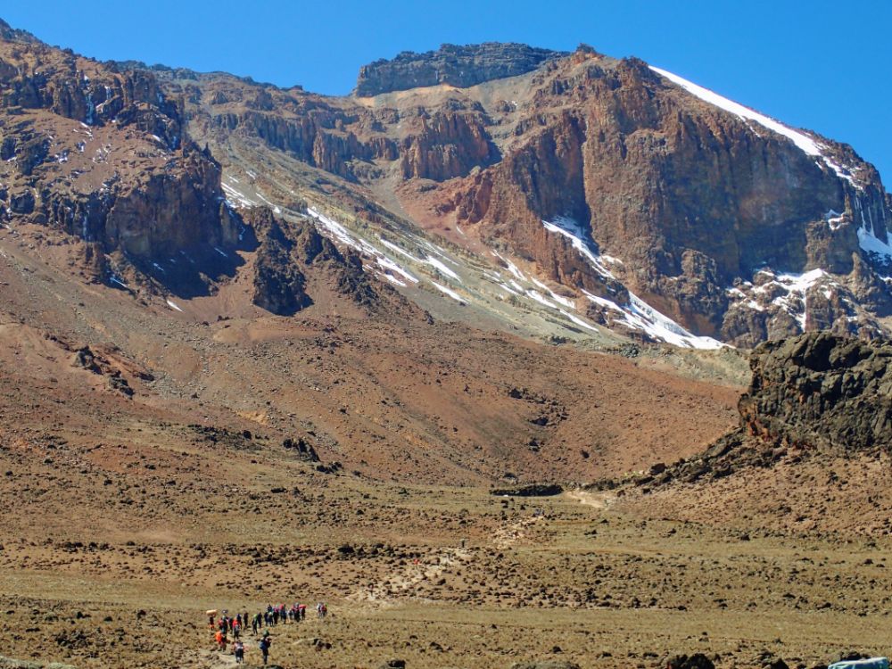 A brown, rocky and mountainous terrain, with some snow visible. At the bottom of the photo a line of people, looking very small, walk along a path.