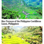 Text: Rice Terraces of the Philippine Cordilleras, Luzon, Philippines. Images: 2 different views of green rice terraces.