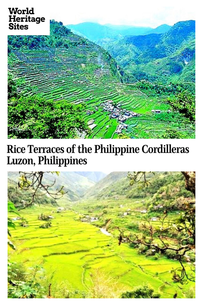 Text: Rice Terraces of the Philippine Cordilleras, Luzon, Philippines. Images: views of two places with rice terraces.