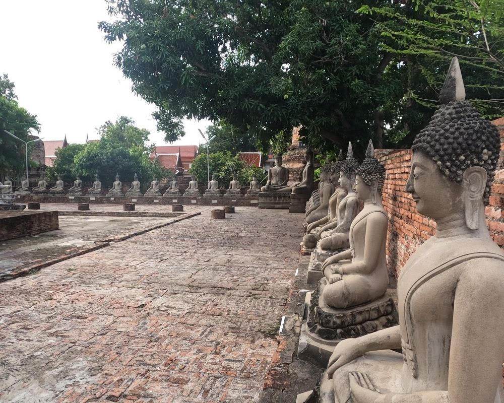 A view of a plaza at Ayutthaya showing two sides of the plaza, each side lined with statues. The statues all portray people sitting cross-legged and have long earlobes.