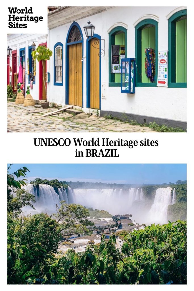 Text: UNESCO World Heritage sites in BRAZIL. Images: above, colorfully painted houses; below, a waterfall. 