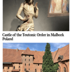 Text: Castle of the Teutonic Order in Malbork, Poland. Images: above, a medieval image of Jesus; below, the castle.