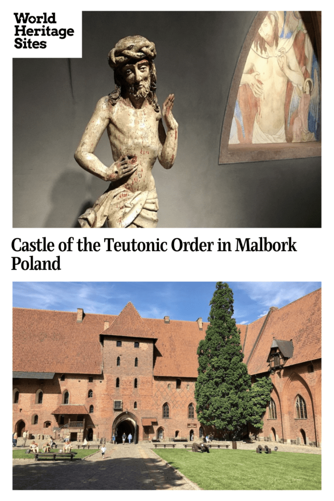 Text: Castle of the Teutonic Order in Malbork, Poland. Images: above, a medieval image of Jesus; below, the castle.