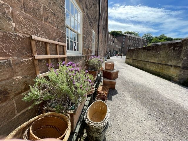 Sighting down a long row of houses made of cut stone bricks. The nearest has potted flowers in front and the furthest building is bigger.