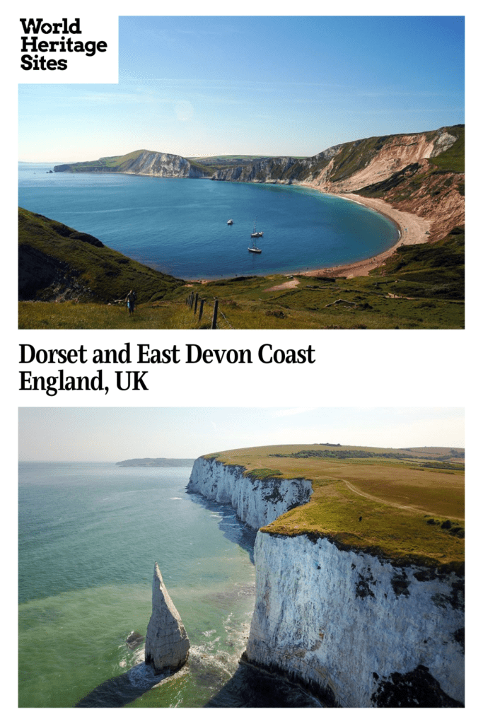 Text: Dorset and East Devon Coast, England, UK. Images: above a wide view of a bay; below a view of white cliffs.
