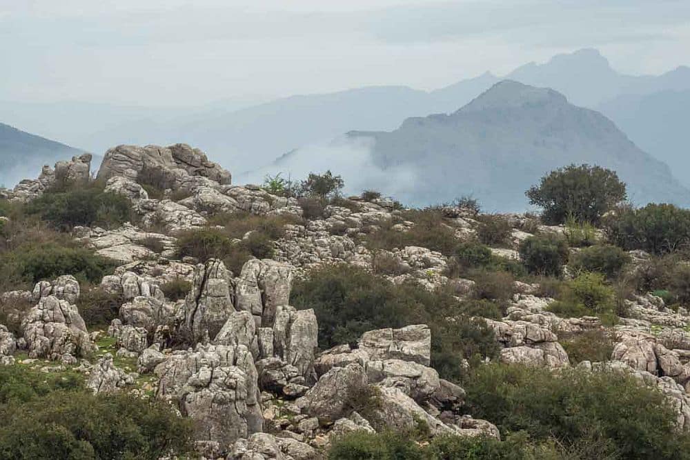 A rocky landscape in the foreground, mountains in the background.