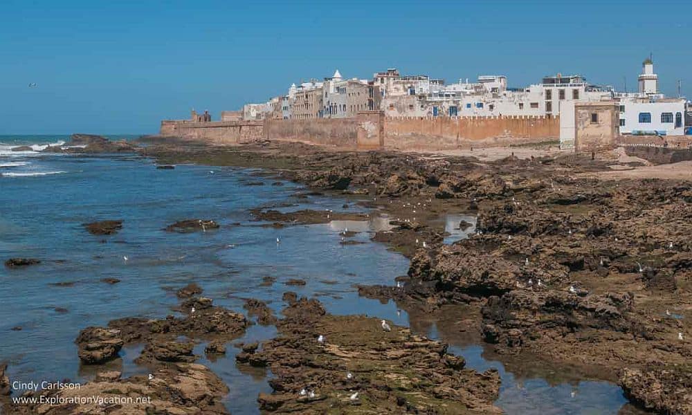 A view of the Medina of Essaouira from the sea: rocky shore, then a walled city, most of the buildings painted white.