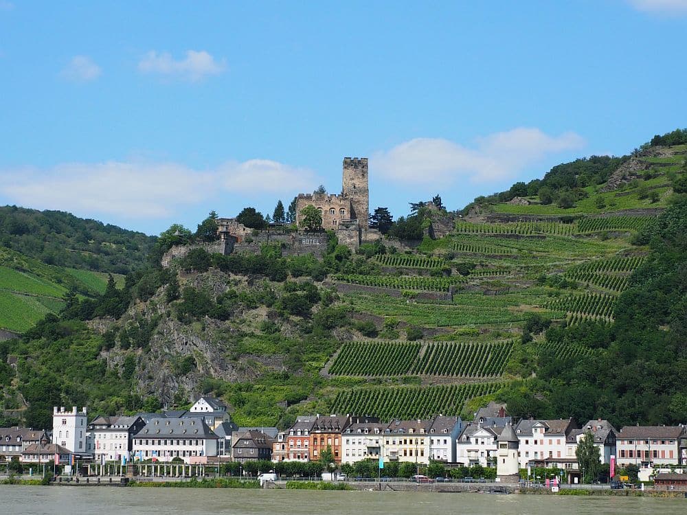 A view across the river in the Upper Middle Rhine Valley: a town clustered on the river with a hill behind it covered in terraced vineyards and a castle on top.