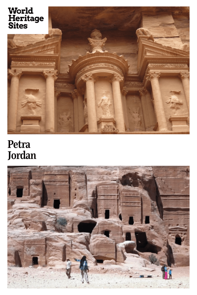 Text: Petra, Jordan. Images: above, a detail from the Treasury; below, a cluster of tombs built into a cliff.