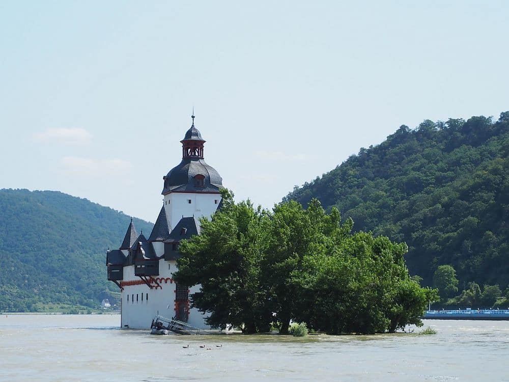 A small castle, white with grey roofing, and a clump of trees, surrounded by the river.
