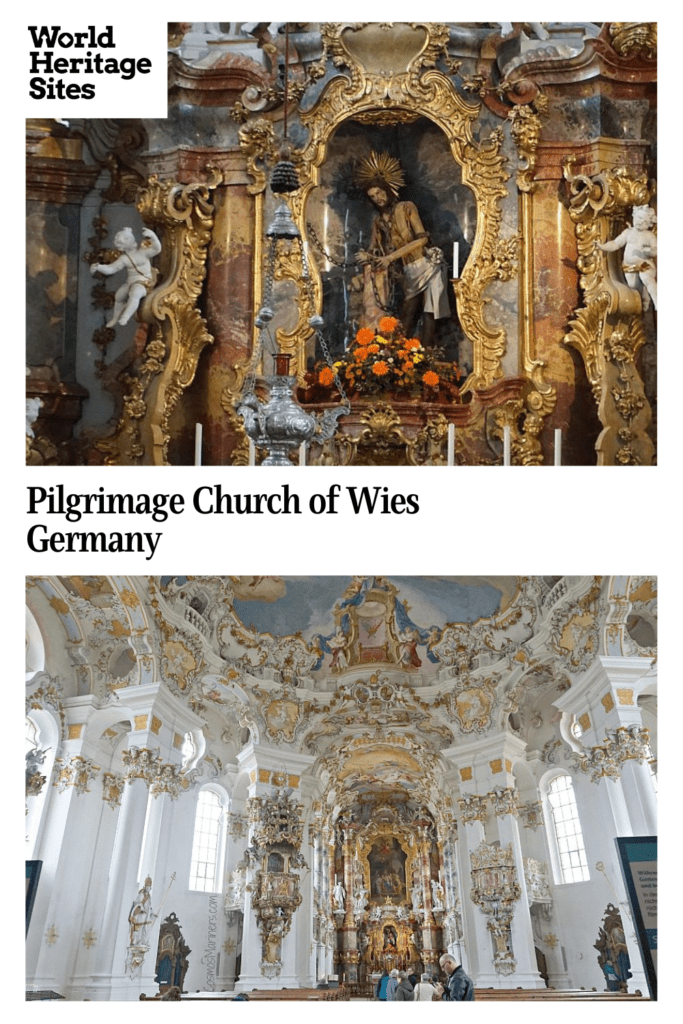 Text: Pilgrimage Church of Wies. Images: above a close-up of the famous Jesus statue; below, the altar of the church.