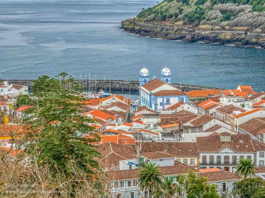 A view over the city of Angra do Heroismo in Terceira, Azores, with the sea beyond it.