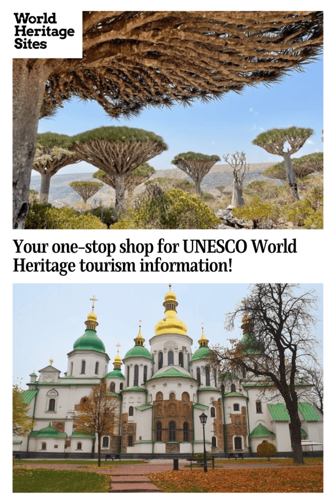 Text: Your one-stop shop for UNESCO World Heritage tourism information! Images: photos from 2 different UNESCO sites: a forest of strangely shaped trees above, a orthodox church below.