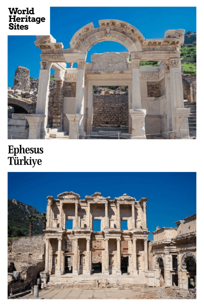 Text: Ephesus, Turkiye. Images: above, Hadrian's temple; below, the LIbrary of Celsus.