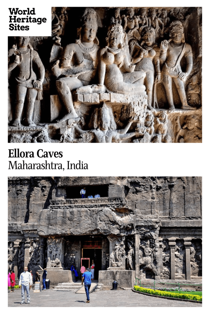 Text: Ellora Caves, Maharashtra, India. Images: above, a detail from a bas-relief; below, the front of one of the caves.
