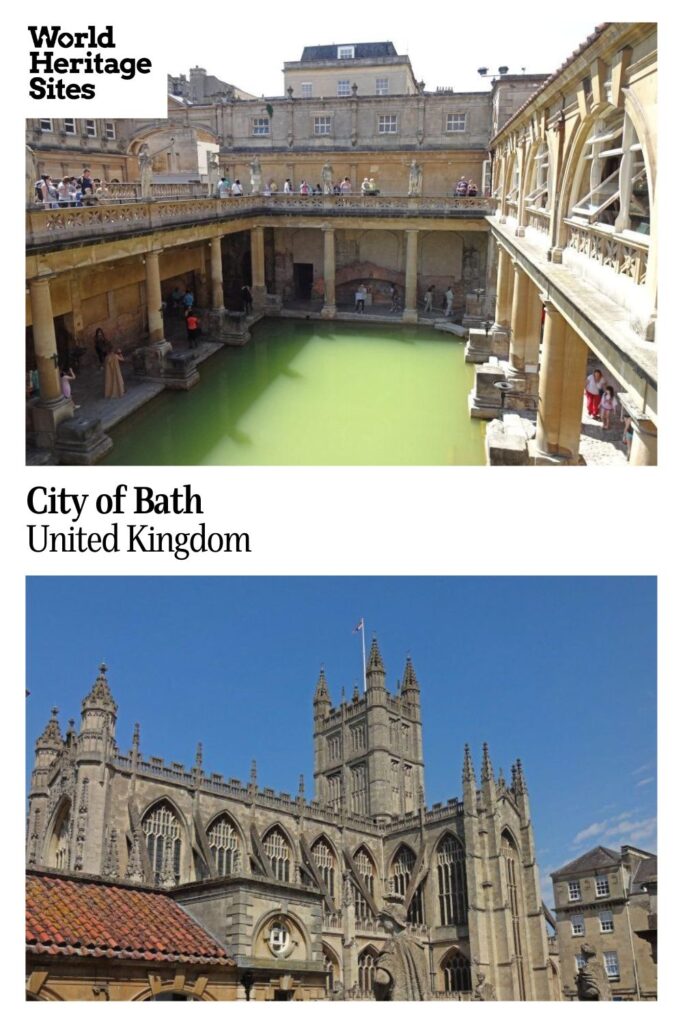 Text: City of Bath, United Kingdom. Images: above, the Roman baths; below, Bath Abbey.