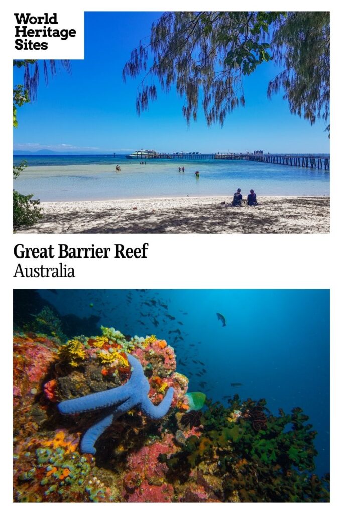 Text: Great Barrier Reef, Australia. Images: above, a pretty beach; below, an underwater view with a blue starfish on coral.