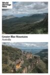 Text: Greater Blue Mountains, Australia. Images: two views of the mountains, both taken from high viewpoints.