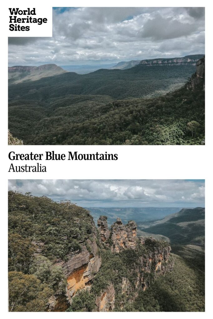 Text: Greater Blue Mountains, Australia. Images: two views of the mountains, both taken from high viewpoints.