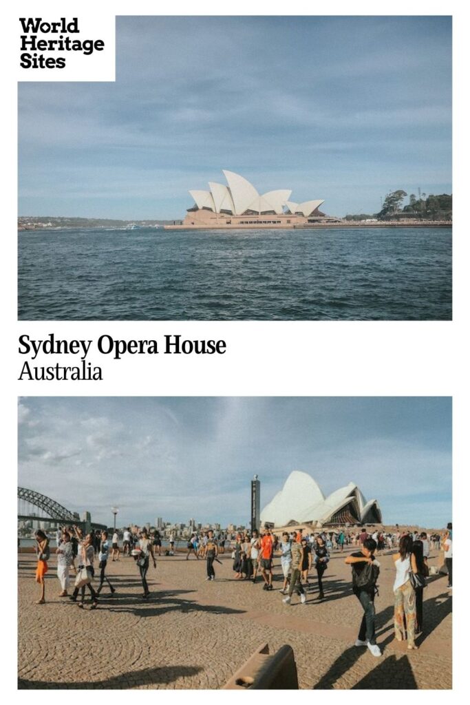 Text: Sydney Opera House, Australia. Images: above, a distance image of the opera house; below, people walking in front of the opera house.