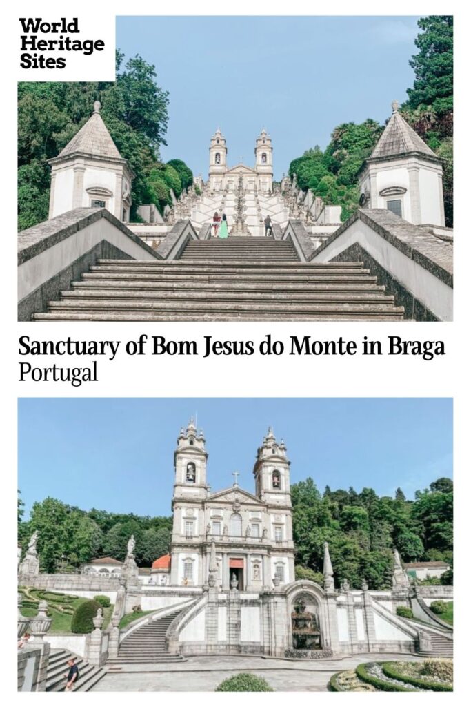 Text: Sanctuary of Bom Jesus do Monte in Braga, Portugal. Images: Above, looking up the stairway toward the church; below, the church.