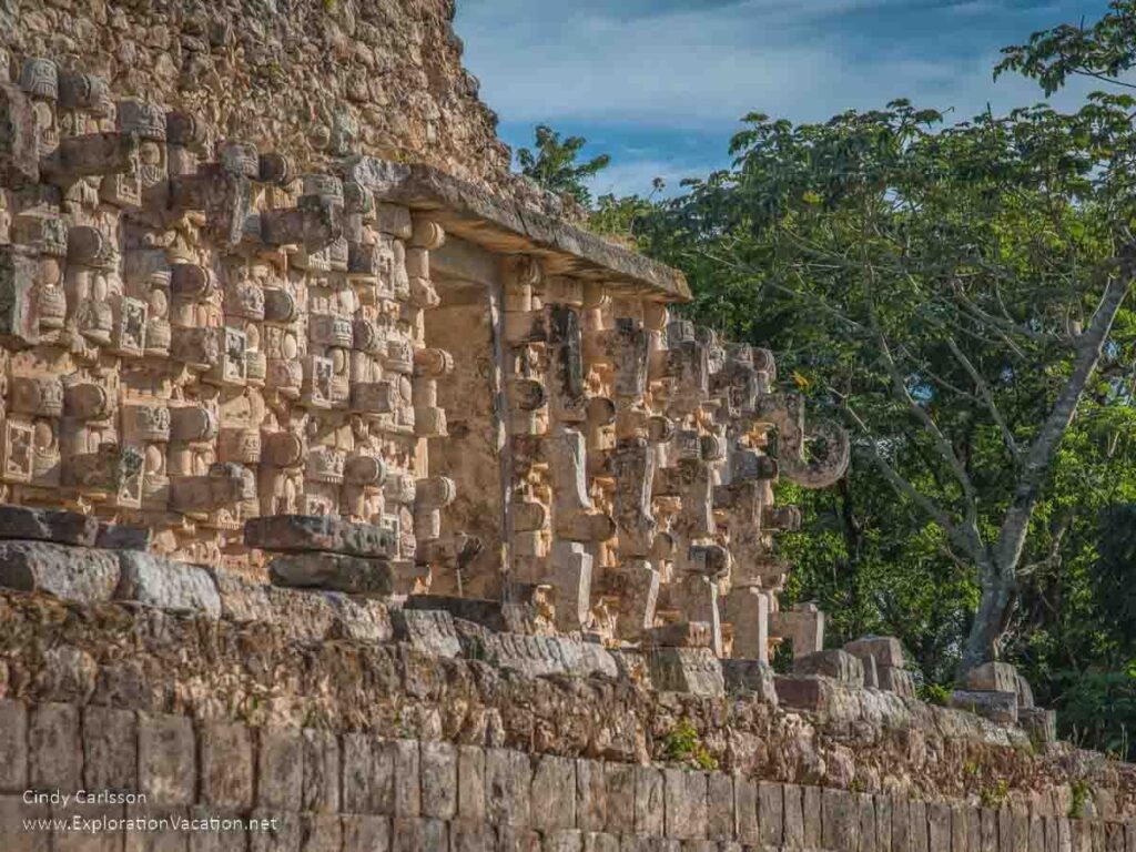 Viewed at an angle, a wall of carved faces. Most are missing noses, or have a partial nose, but one is visible with the full curved nose similar to an elephant's.