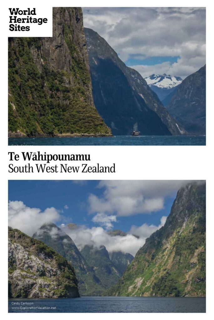 Text: Te Wāhipounamu - South West New Zealand. Images: two views of mountains around a sound.