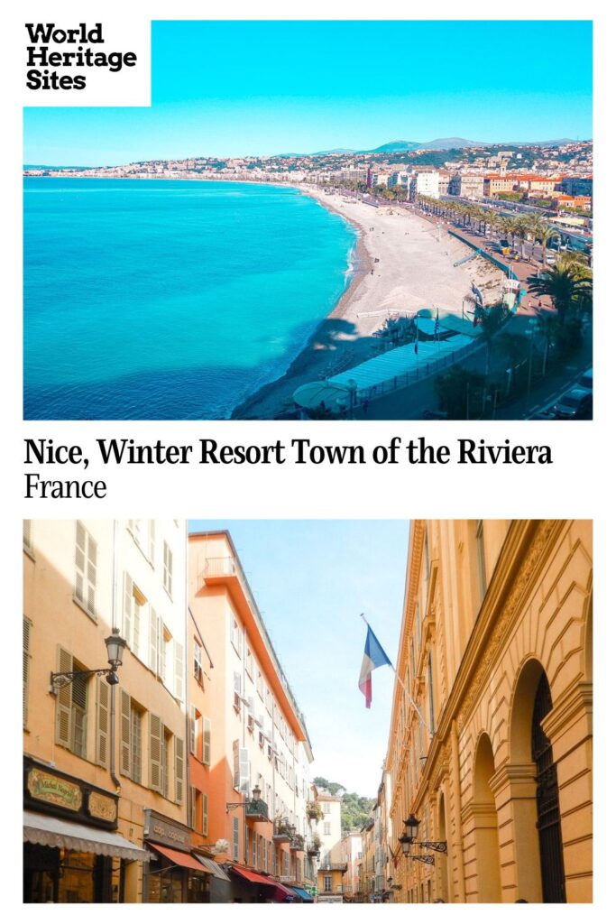 Text: Nice, Winter Resort Town of the Riviera, France. Images: above, a view down the long beach; below, a street in Nice.