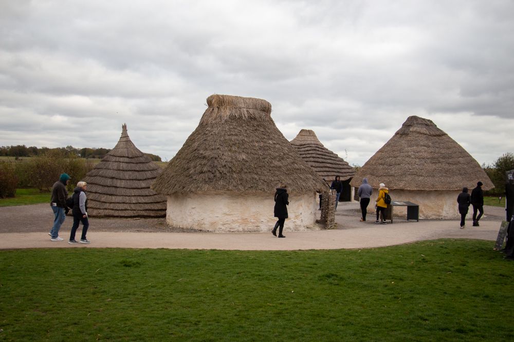 A cluster of simple mud houses with peaked thatched roofs.