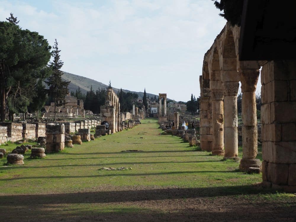 View down the main street of Anjar: a wide street with fragmentary pillars on either side and stone walls behind the pillar rows.