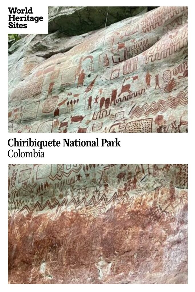 Text: Chiribiquete National Park, Colombia. Photos: a wall face covered with red rock paintings of human figures, animals, boats and geometric patterns.