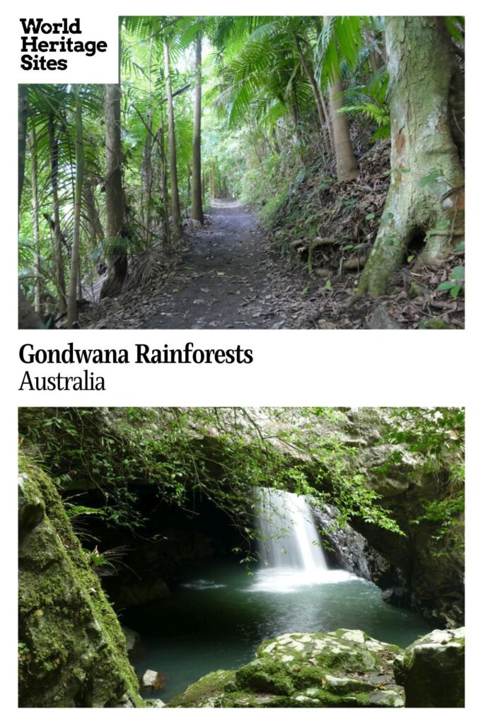 Text: Gondwana Rainforests, Australia. Images: above, a path through a forest; below, a waterfall as seen through an arch of rock.