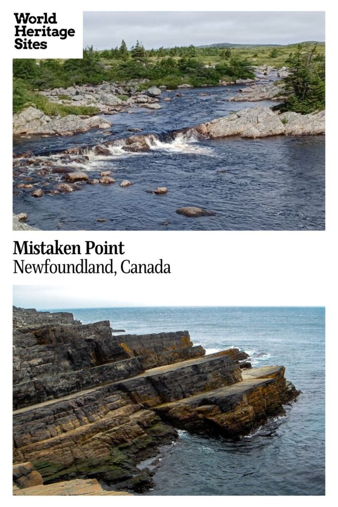 Text: Mistaken Point, Newfoundland, Canada. Images: above, a babbling brook; below, the cliffs.