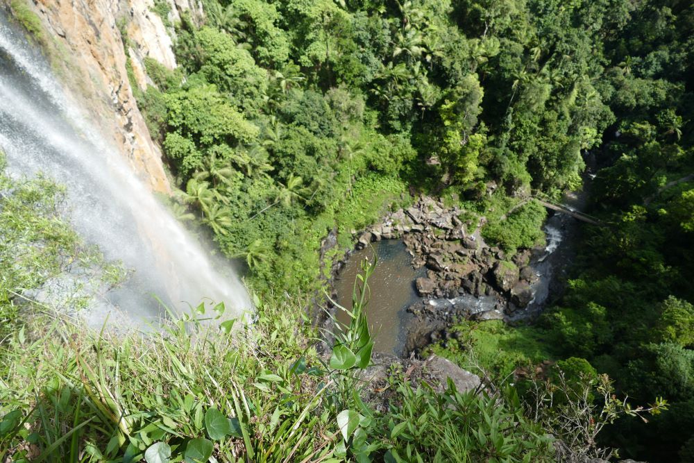 Looking down from the top of a long narrow waterfall - the waterfall on the left, the pool it lands in in the center of the photo, surrounded by greenery.
