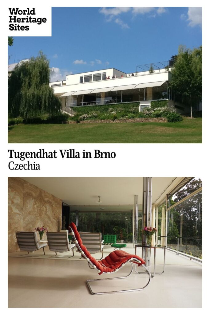 Text: Tugendhat Villa in Brno, Czechia. Images: above, the exterior of the house as seen from the garden; below, the living room area of the interior.