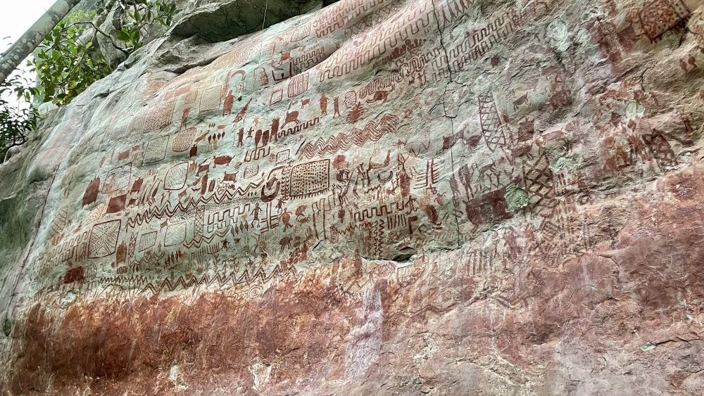 A rock face covered in paintings in dark red depicting people and animals as well as boats and buildings and geometric patterns.