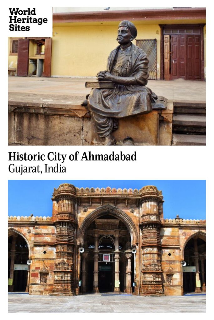 Text: Historic City of Ahmadabad, Gujarat, India. Images: above, a statue of a person seated; below, a large mosque with a central archway.