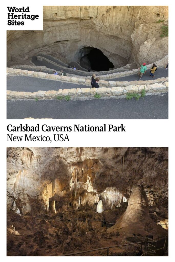 Text: Carlsbad Caverns National Park, New Mexico, USA. Images: above, the entrance to a cave; below, a view of the rock formations inside the cave.