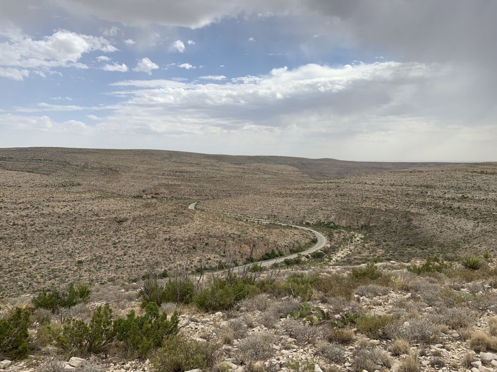 A road snaking into the distance through a very dry environment.