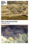 Text: Mesa Verde National Park, Colorado, USA. Images: above, a small cliff dwelling in a wide but not high cave. Below, a bigger cliff dwelling in a larger cave.