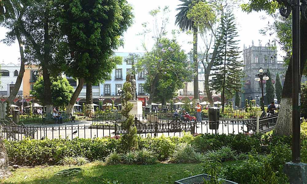 A city square with lush greenery and a statue in the center.