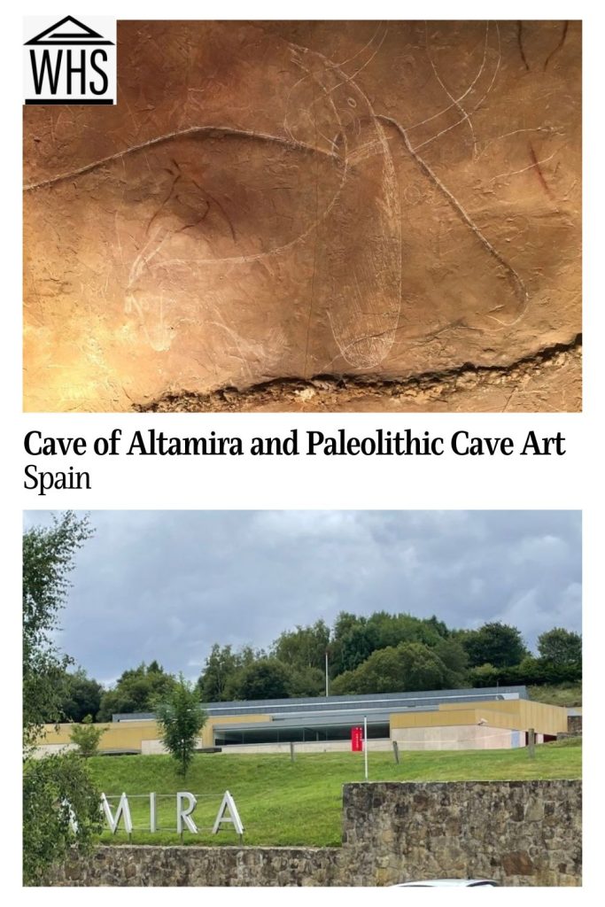 Text: Cave of Altamira and Paleolithic Cave Art, Spain. Images: above, an engraved deer on a cave wall; below, the Altamira Museum.
