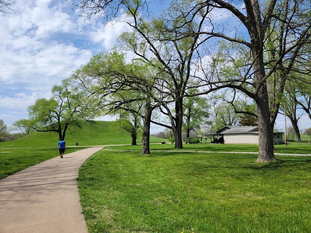 A person walks a wide path between scattered trees and green grass. In the distance, one of the Cahokia Mounds covered in grass.