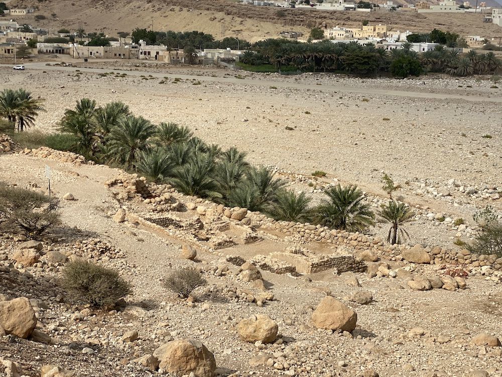 In a rocky landscape the foundations of a building show the outlines of rooms. Beyond the ruin, a rocky field, a road, some houses and palm trees.