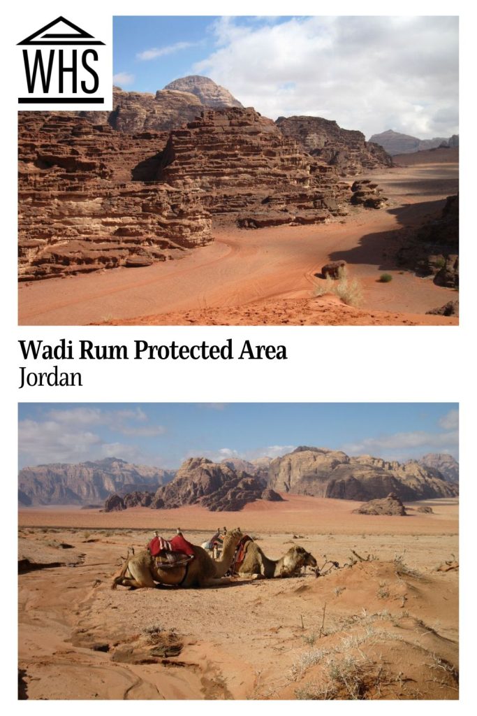 Text: Wadi Rum Protected Area. Images: two views of the Wadi Rum desert and rock formations. The lower picture has two camels front and center.